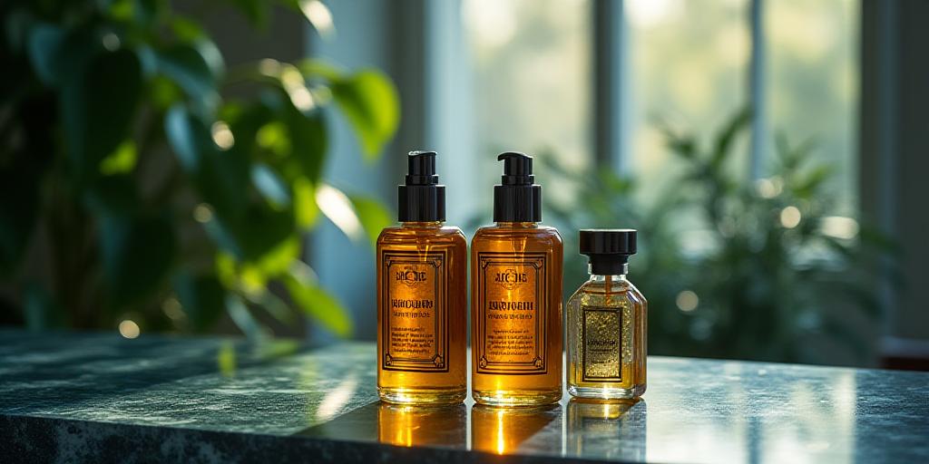 アンティークスタイルの精油ボトルと植物