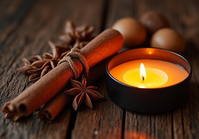 木の樹皮とスパイス、暖かなキャンドルの灯り